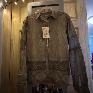 NWT Vintage GOA Chic Olive Button Down Shirt with Textured Accents